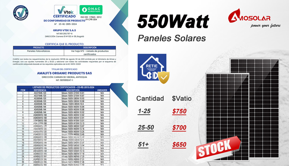 Painéis solares da marca Amosolar de 370 ~ 675w receberam certificado RETIE
